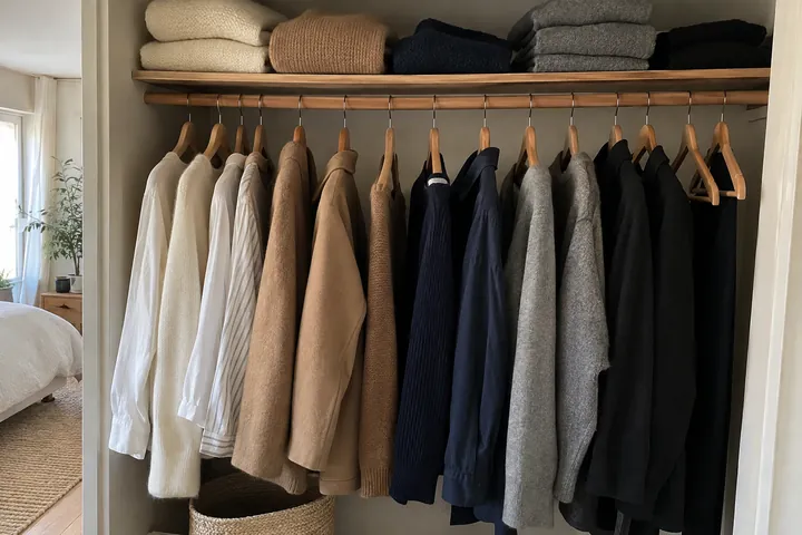 A small bedroom wardrobe with a wooden rail holds clothes sorted by colour, cream, camel, navy, grey and black, with folded knitwear on the shelf above.