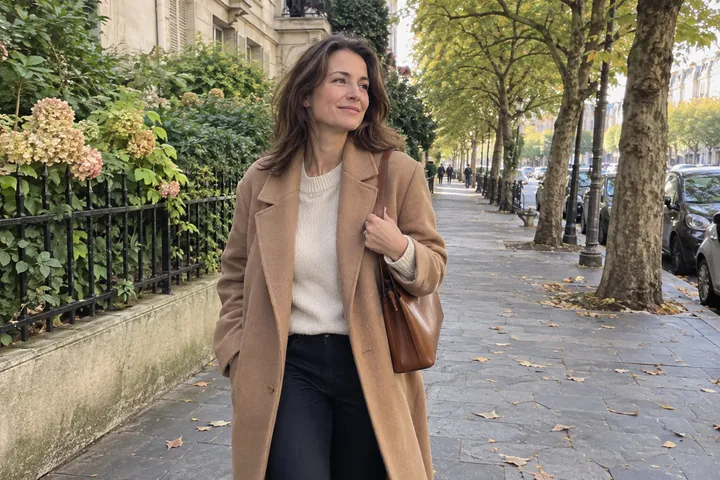 A woman in a camel wool coat and cream knit walks along a tree-lined street in autumn, carrying a brown leather bag.