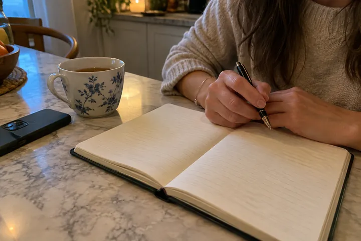 A woman writes a checklist in a paper notebook on a marble kitchen counter, with a cup of tea beside it.