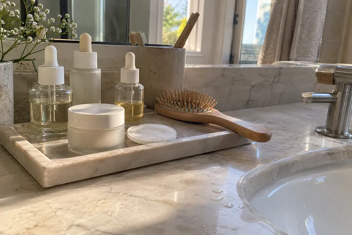 A marble tray on a bathroom vanity holds unlabelled glass dropper bottles, a frosted jar, a cotton pad and a wooden hairbrush in morning light.